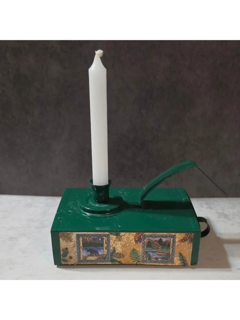 Vtg Green Metal Emergency Candle Tin Holder Storage Drawer Cabin Lodge Bear
